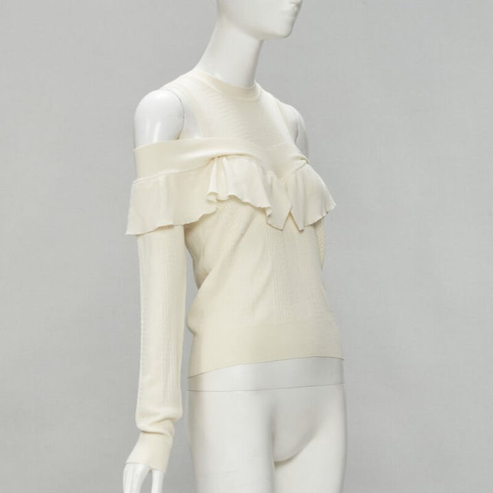 FENDI cream wool silk cashmere cold shoulder ruffle knit sweater IT44 M