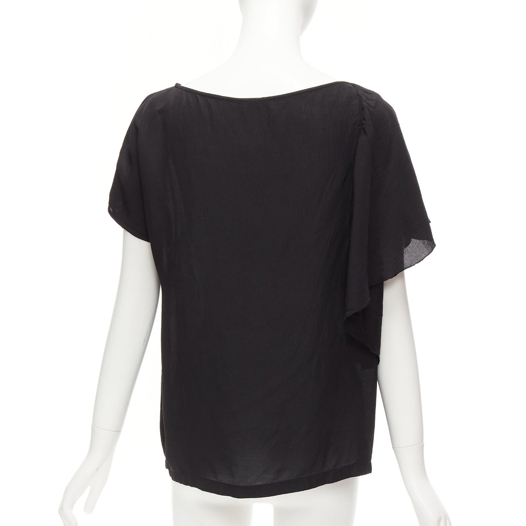 DRIES VAN NOTEN black viscose linen asymmetric flutter sleeve blouse top FR40 L