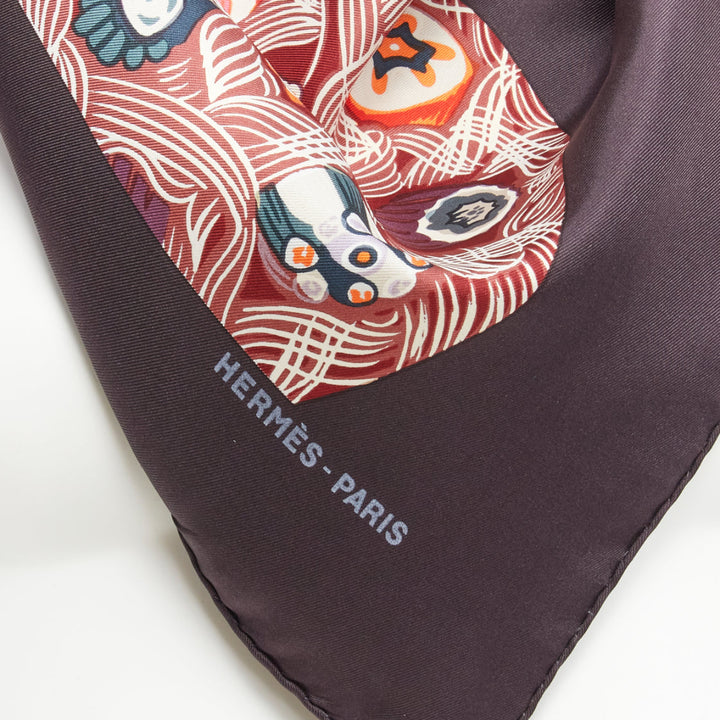 HERMES 100% silk Sulfures Press Papier dark floral print scarf