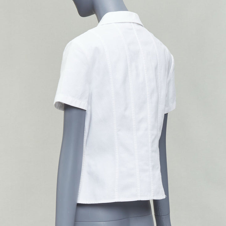 CHANEL Vintage 1990's white cotton gold CC logo button panelled crop shirt