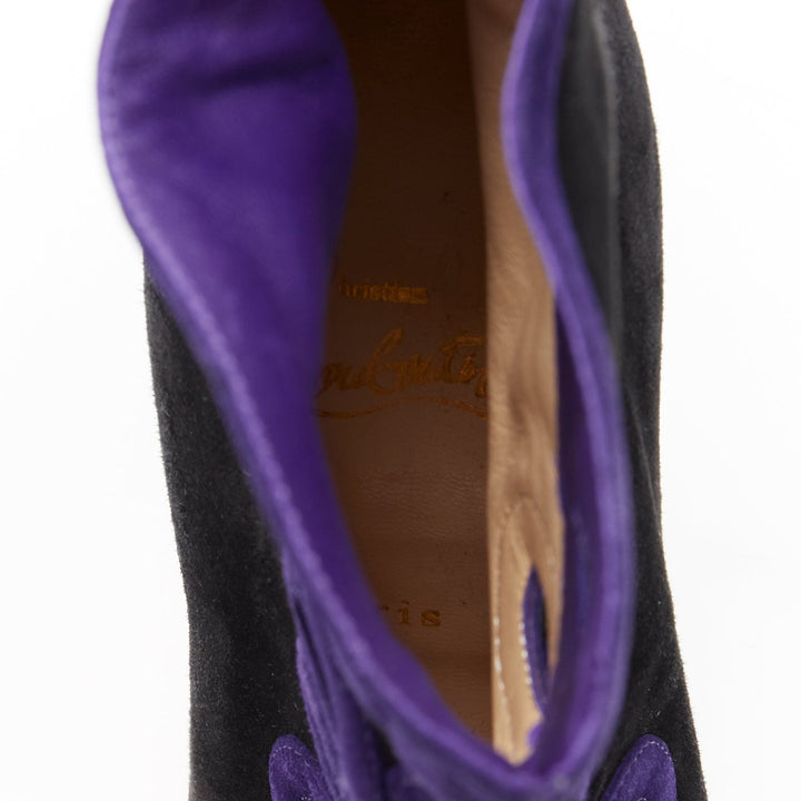 CHRISTIAN LOUBOUTIN black suede purple swirl cut out high heel ankle bootie EU36