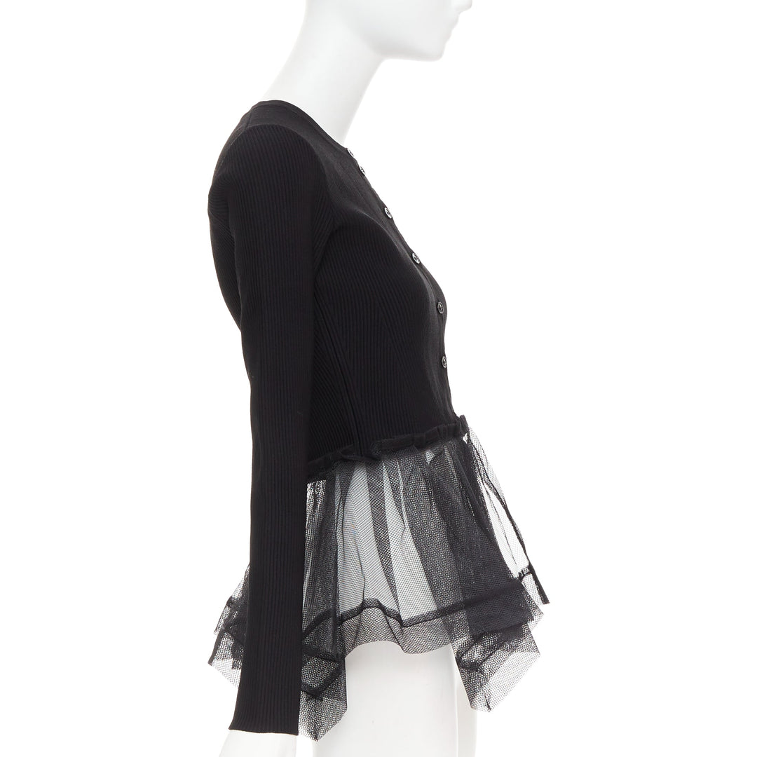 ALEXANDER MCQUEEN 2023 black ribbed stiff sheer tulle peplum cardigan sweater S