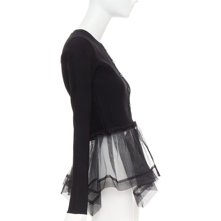 ALEXANDER MCQUEEN 2023 black ribbed stiff sheer tulle peplum cardigan sweater S