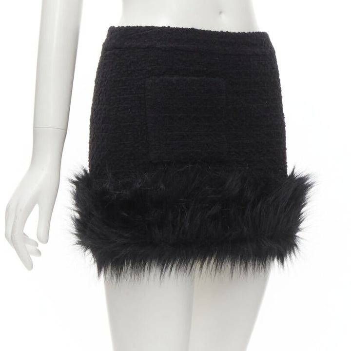 SAINT LAURENT 2022 black tweed faux fur trimmed mini skirt FR34 XS