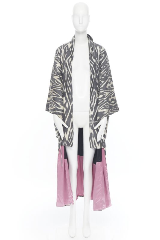OSCAR DE LA RENTA SS19 Runway brown black leopard pink silk lined kimono L