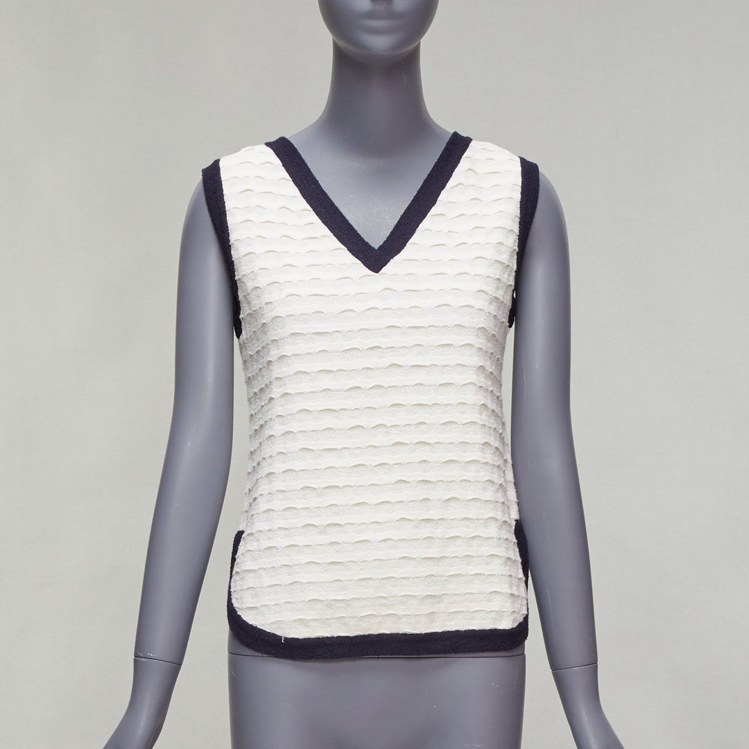 CHANEL cream cotton blend navy towelling trim CC logo knitted vest FR38 M