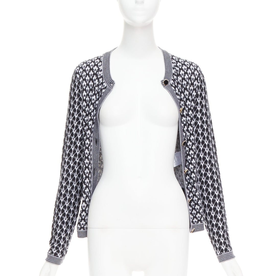 CHANEL black white cashmere velvet buttons crew cardigan FR38 M