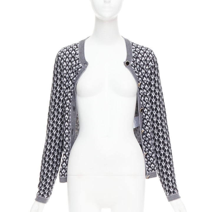 CHANEL black white cashmere velvet buttons crew cardigan FR38 M