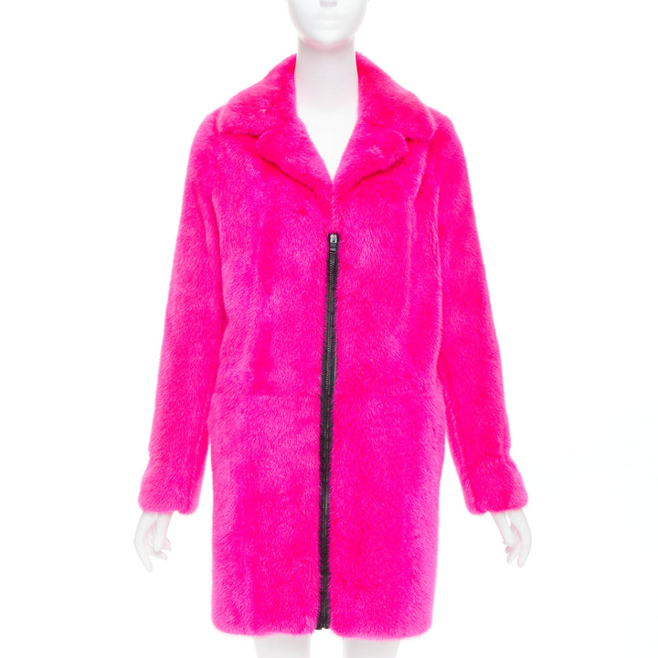 SAINT LAURENT 2015 hot pink mink fur black leather zip long coat FR38 M