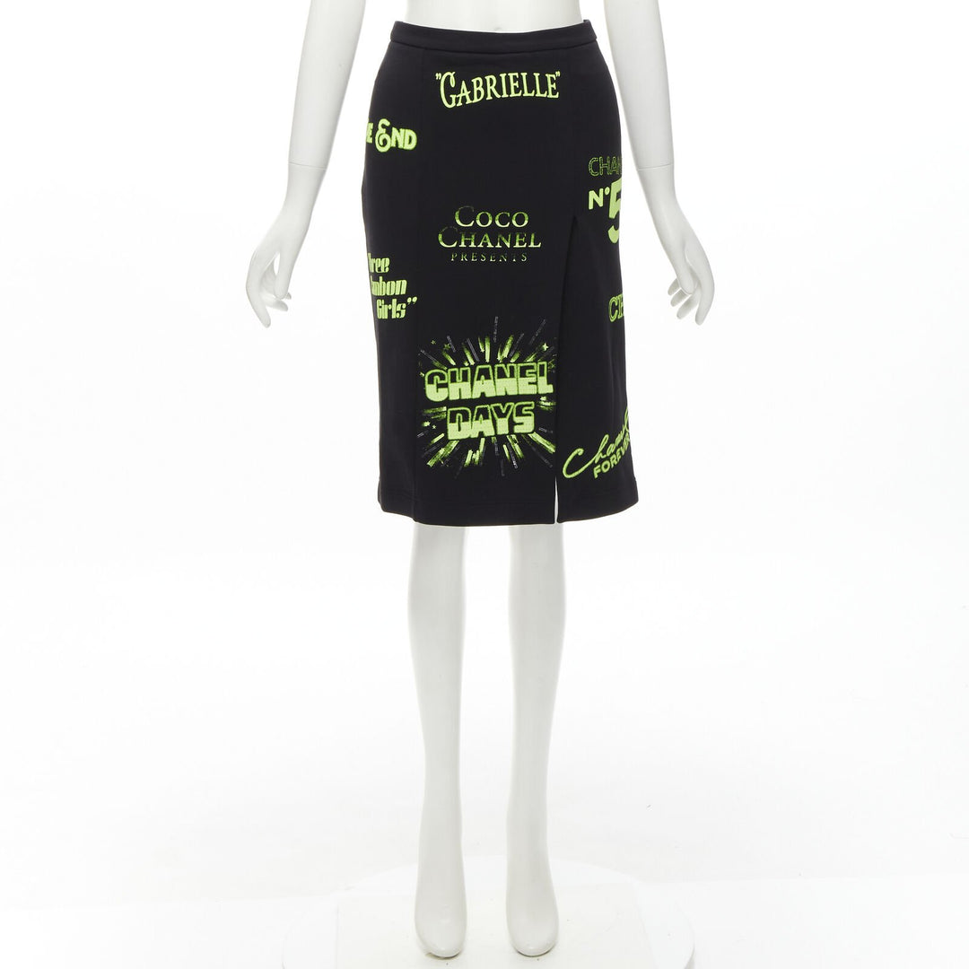 rare CHANEL 2021 Runway black neon graphic logo slit cotton fleece skirt FR34 XS