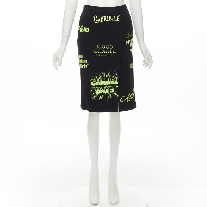 rare CHANEL 2021 Runway black neon graphic logo slit cotton fleece skirt FR34 XS
