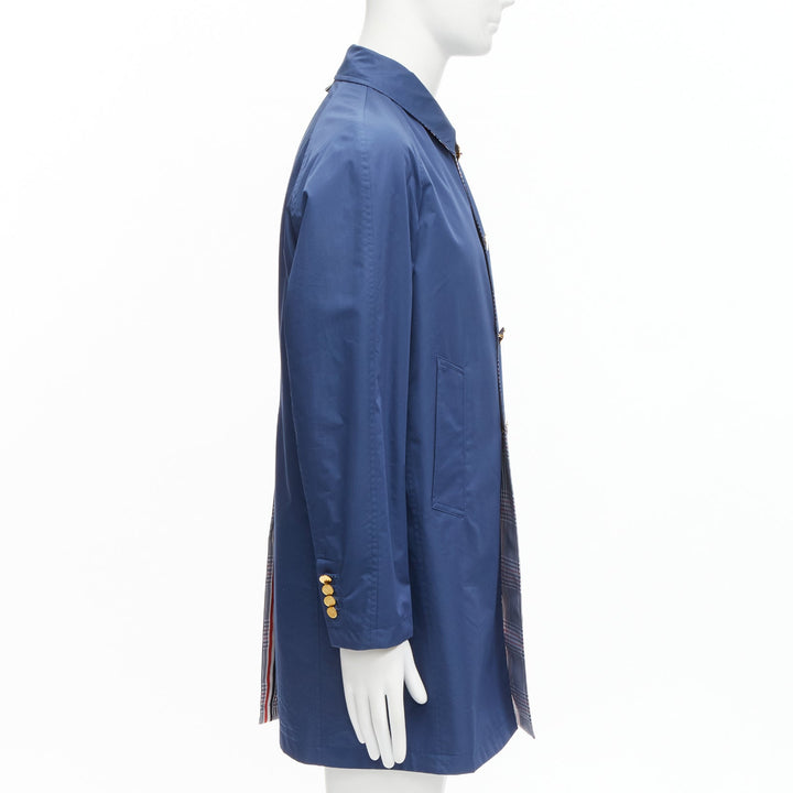 THOM BROWNE Reversible navy blue  classic check gold buttons overcoat JP2 M