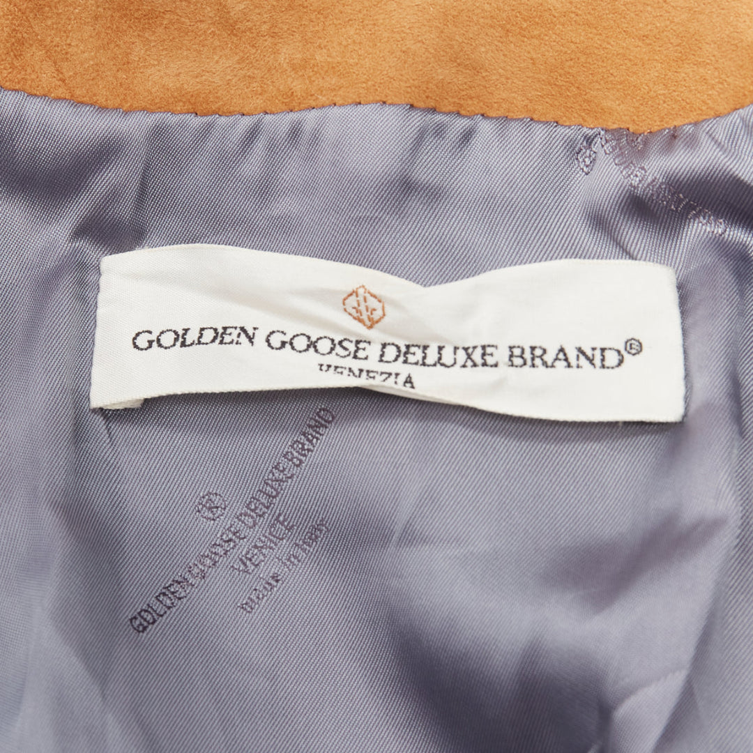 GOLDEN GOOSE tobacco brown distressed suede silver stud logo biker jacket
