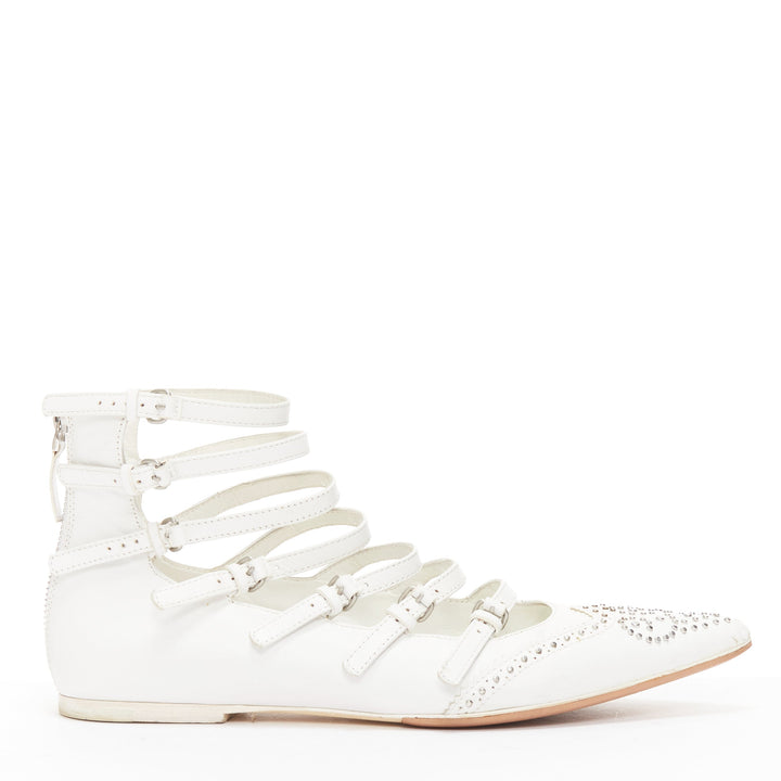 VERONIQUE BRANQUINHO white leather silver studded wingtip strappy flats EU37.5