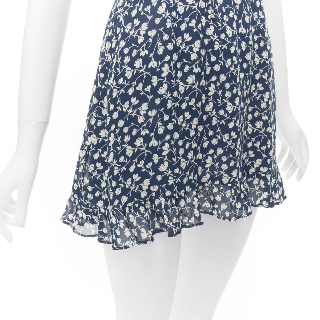 REFORMATION Elyse white navy floral print smocked bodice mini dress US2 S