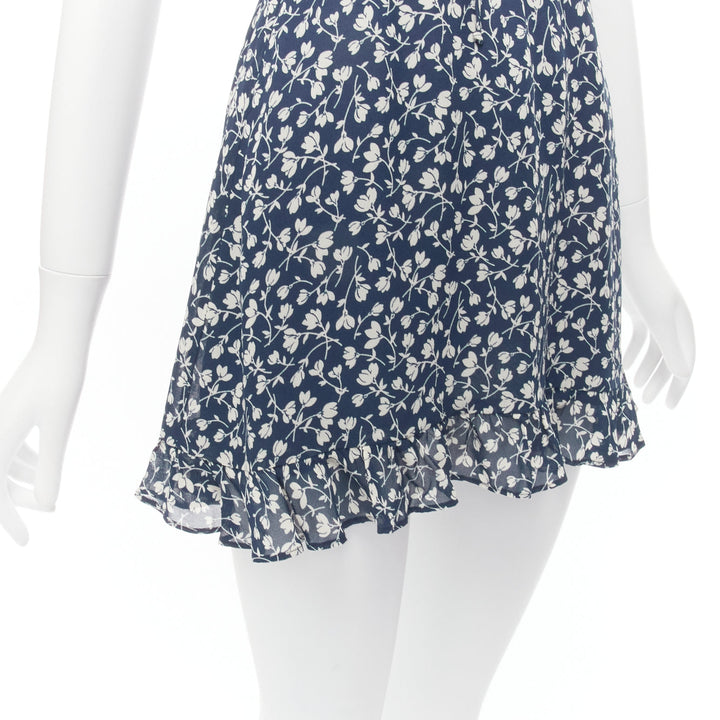 REFORMATION Elyse white navy floral print smocked bodice mini dress US2 S
