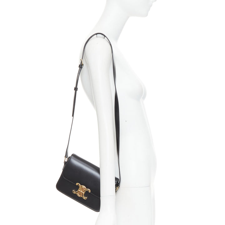 CELINE Teen Triomphe black shiny calfskin gold anagram logo crossbody bag