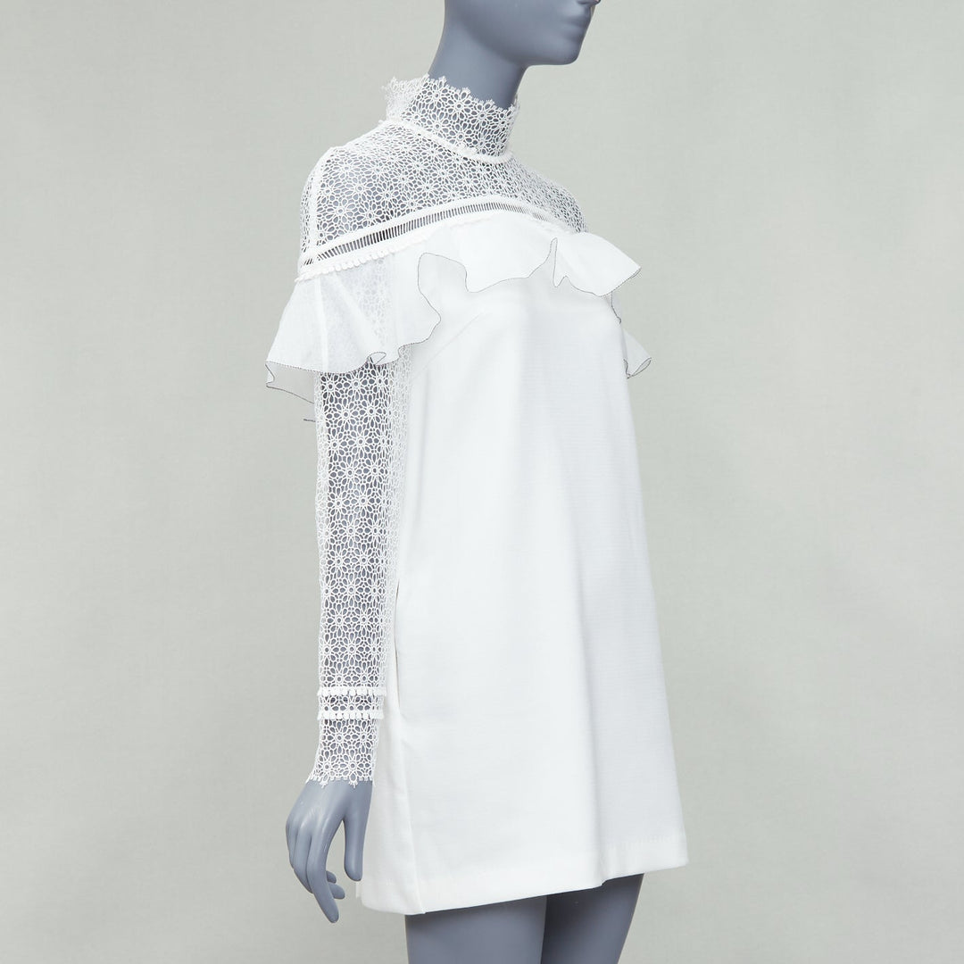 SELF PORTRAIT Military Cape Shoulder white floral lace ruffle dress UK4 XXS