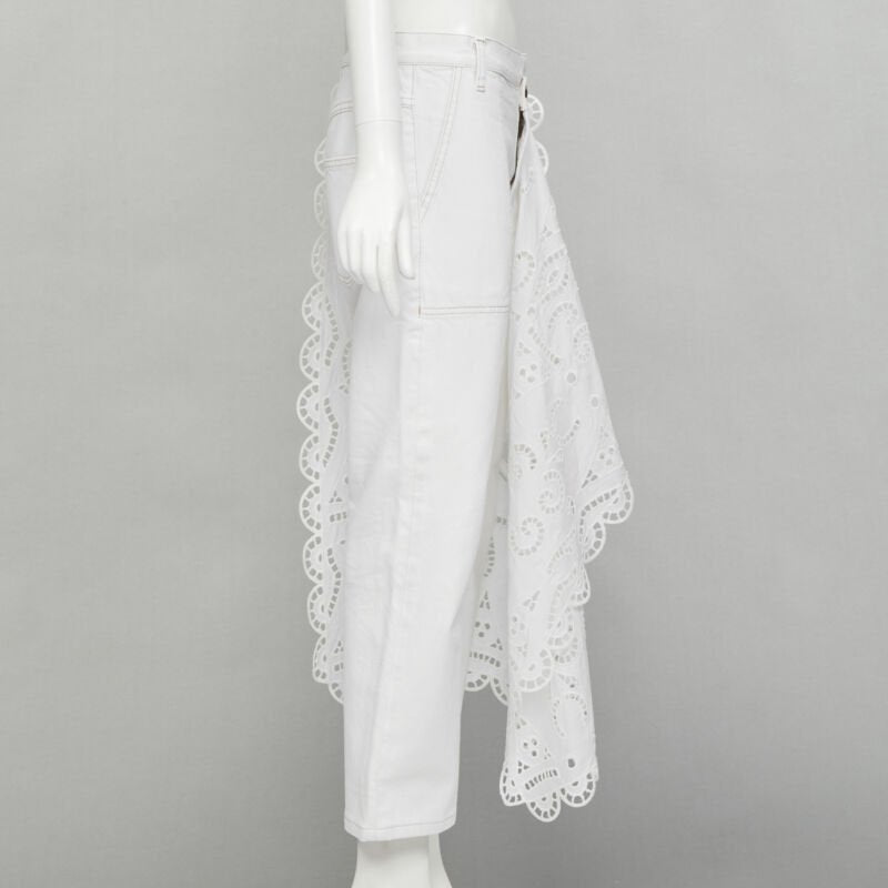 MONSE white denim cotton embroidery anglais draped trim straight leg jeans US2 S
