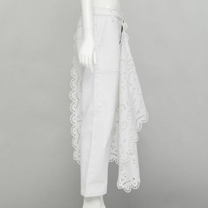 MONSE white denim cotton embroidery anglais draped trim straight leg jeans US2 S