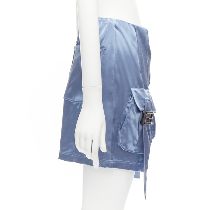FENDI 2023 Runway Baguette blue satin FF buckle cargo pocket skirt IT38 XS