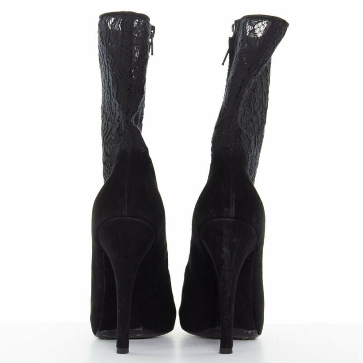DOLCE GABBANA black floral lace mesh sock suede pump design short bootie EU39