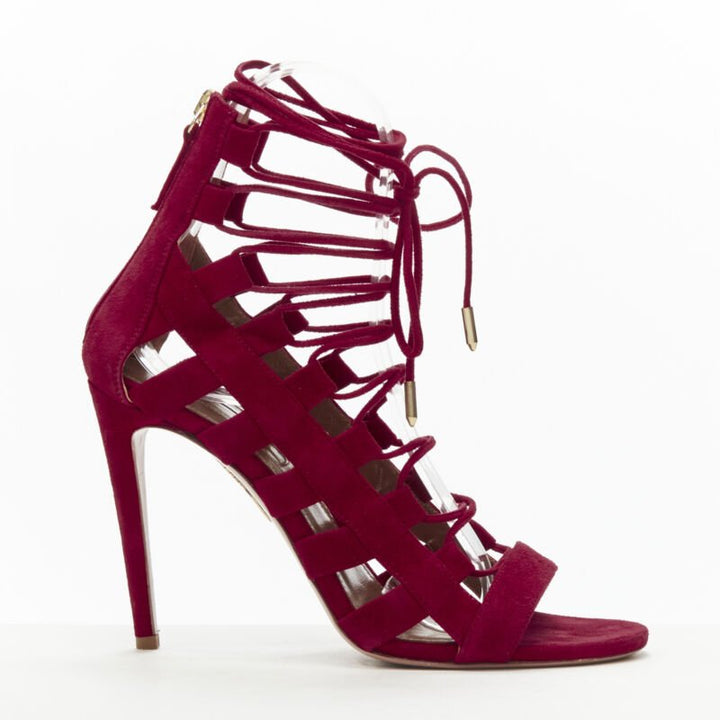 AQUAZZURA Amazon dark red suede lace up sandals high heels EU38