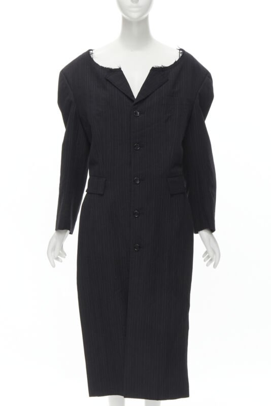 COMME DES GARCONS 1994 dark grey pinstripe frayed cut collar boxy coat M
