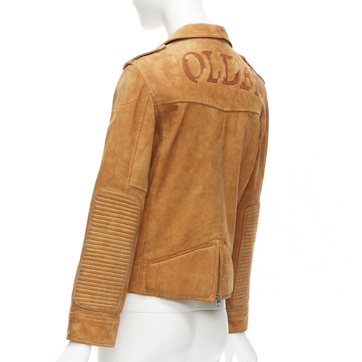 GOLDEN GOOSE tobacco brown distressed suede silver stud logo biker jacket