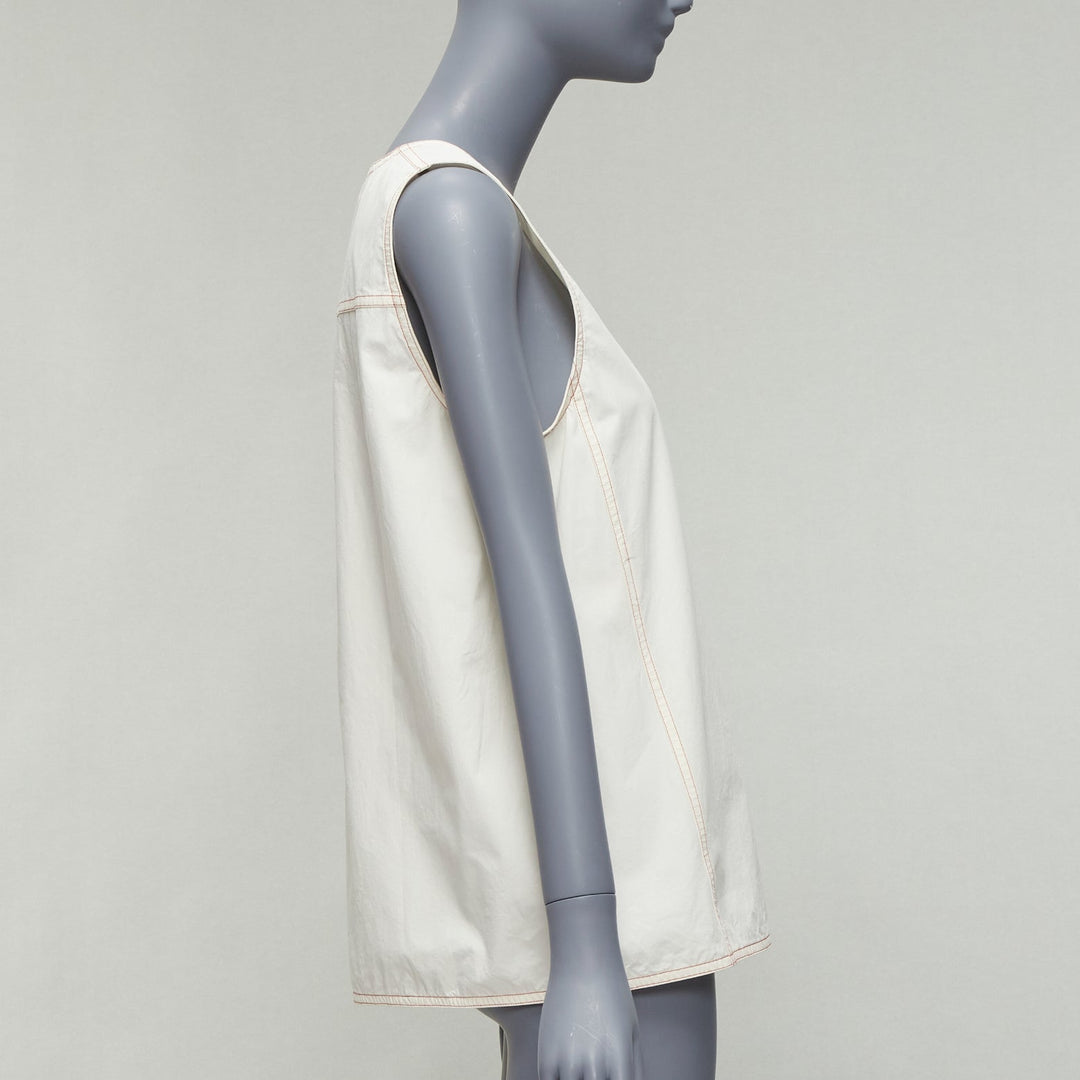 MARNI cream 100% cotton red overstitch boxy scoop neck utility vest IT42 M
