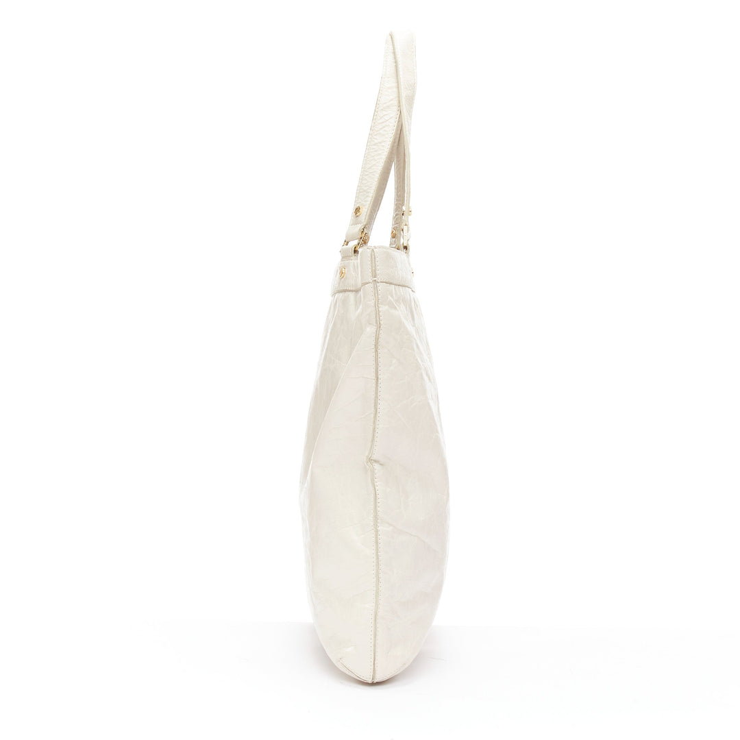 TORY BURCH white textured leather logo patch gold hardware A4 tote bag