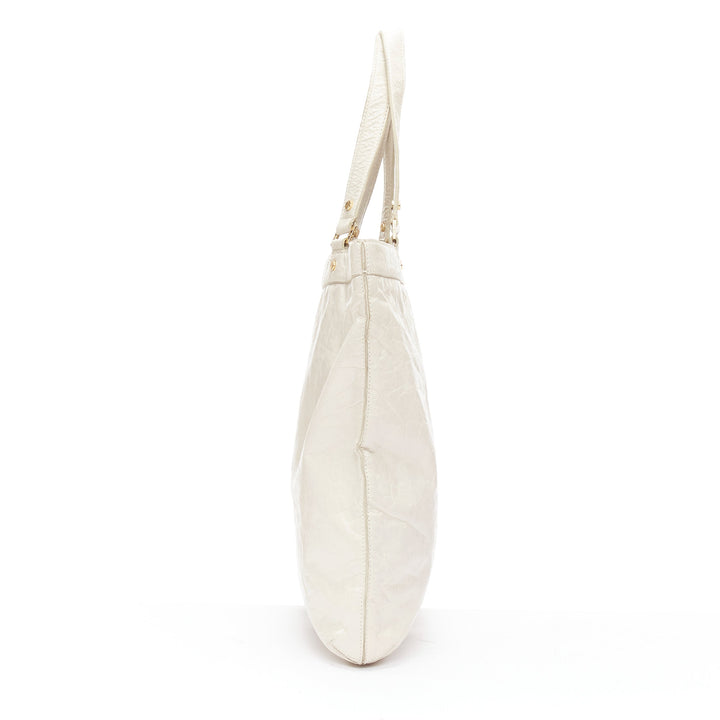 TORY BURCH white textured leather logo patch gold hardware A4 tote bag