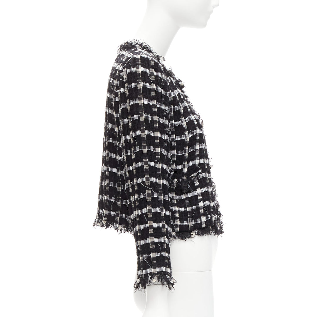 CHANEL black white raw frayed check tweed gripoix buttons cropped jacket FR40 L