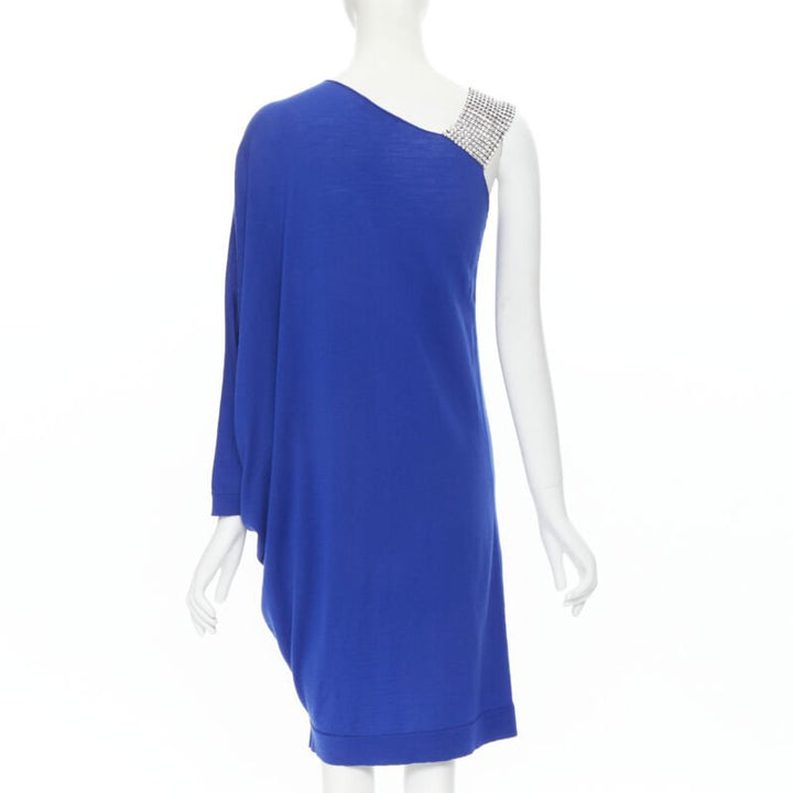 BALMAIN blue wool crystal rhinestone embellished strap asymmetric dress FR36 S
