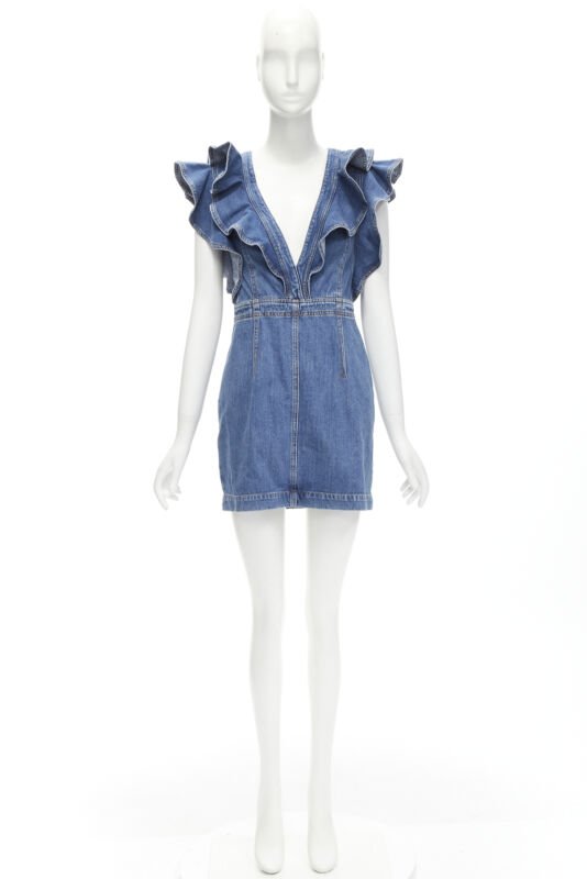 PHILOSOPHY DI LORENZO SERAFINI blue denim ruffled plunge neck dress IT38 XS