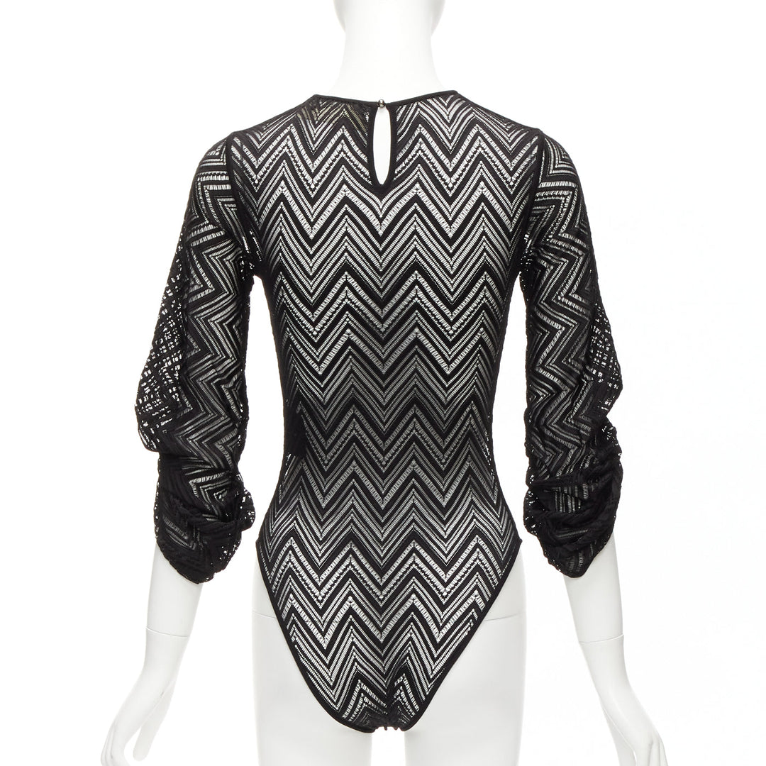 ROLAND MOURET black chevron lattice lace draped charm sleeves bodysuit top XS