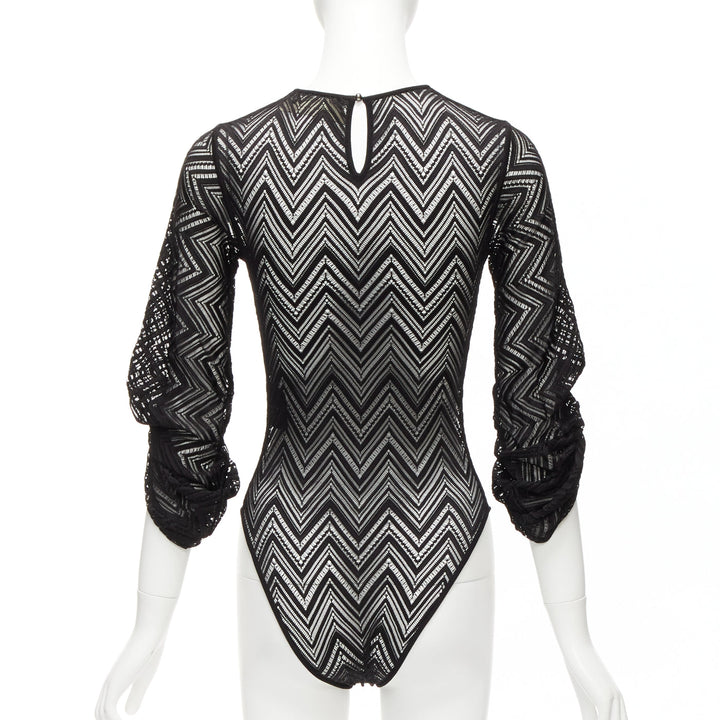 ROLAND MOURET black chevron lattice lace draped charm sleeves bodysuit top XS