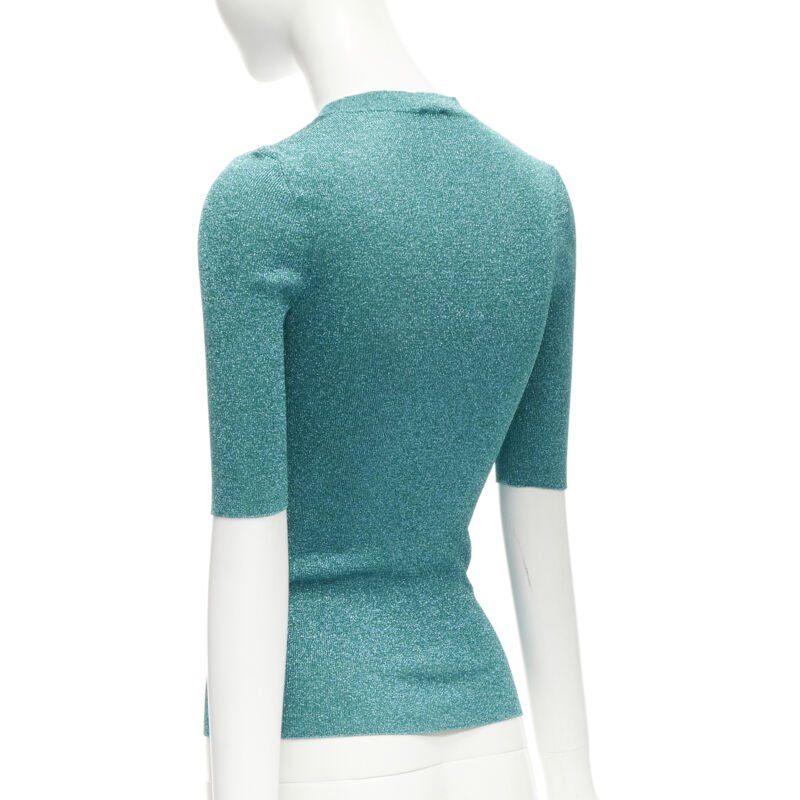SAINT LAURENT turquoise blue metallic lurex lattice seam knitted top S