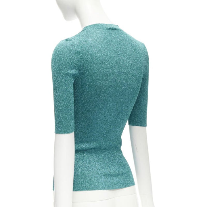 SAINT LAURENT turquoise blue metallic lurex lattice seam knitted top S