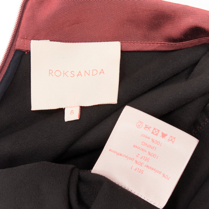 ROKSANDA burgundy faux leather wool lined ruched waist A-line midi skirt UK8 S