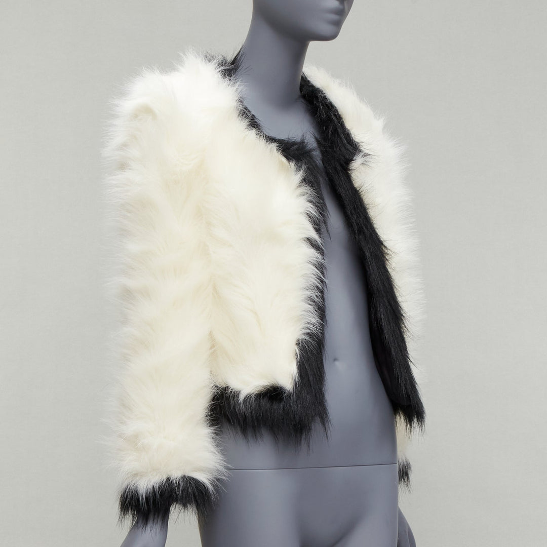 SAINT LAURENT 2021 Runway cream black faux fur cropped jacket FR34 XS