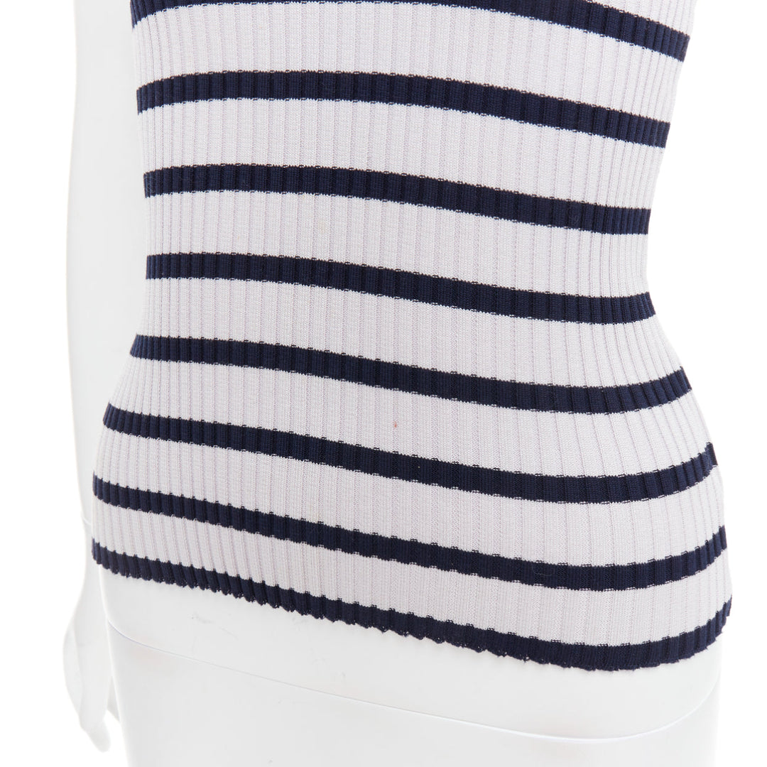 CHANEL 98P Vintage black grey ribbed cotton nautical striped logo top FR36 S