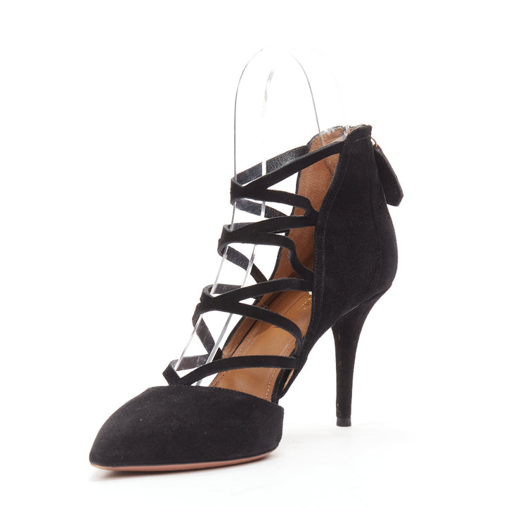 AQUAZZURA Electric black suede criss cross strappy booties pump EU38