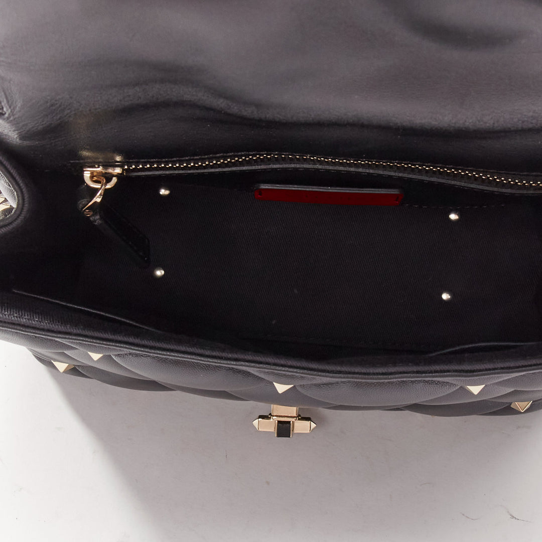 VALENTINO Candystud black nappa lambskin gold studded turnlock 2 way satchel bag