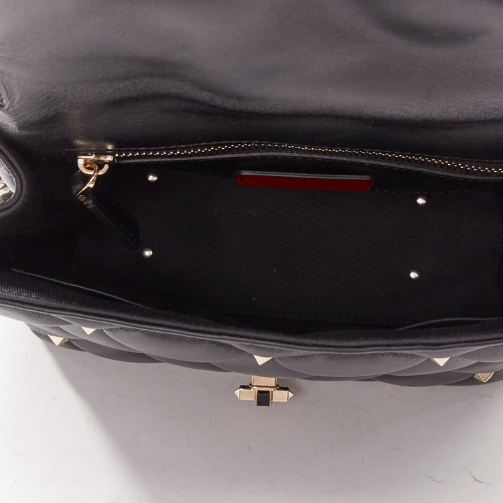 VALENTINO Candystud black nappa lambskin gold studded turnlock 2 way satchel bag