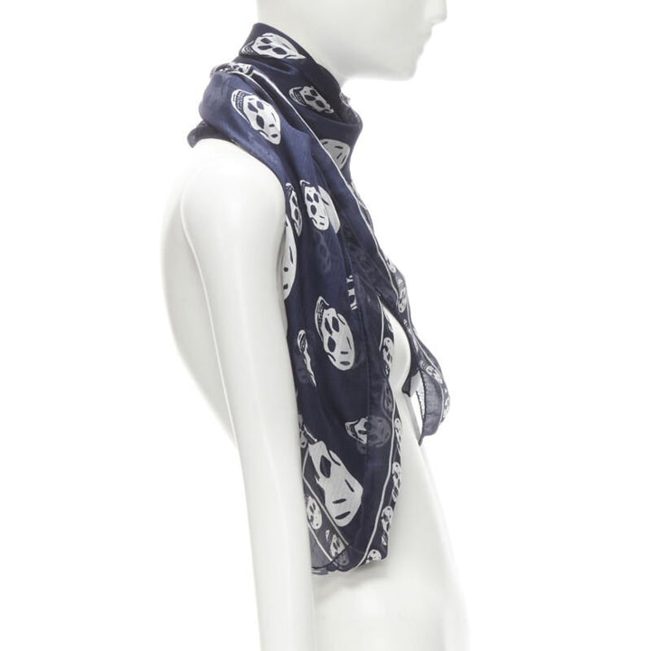 ALEXANDER MCQUEEN Signature navy blue white skeleton skull print scarf