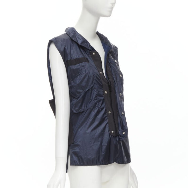 SACAI 2015 navy blue light nylon technical pocket grosgrain zip vest S