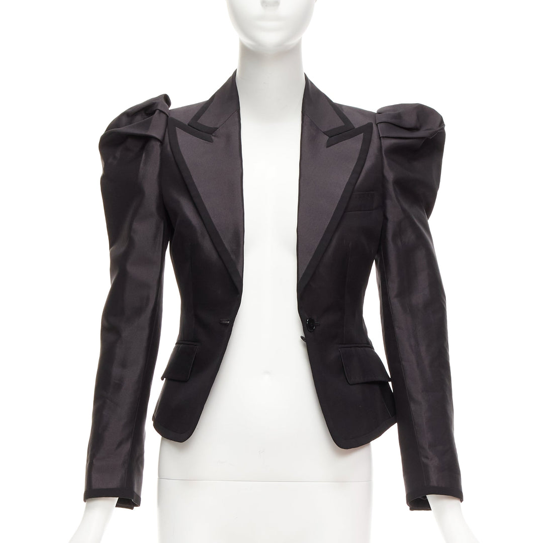 rare DOLCE GABBANA black silk puff princess sleeve piping tuxedo blazer IT36 XXS
