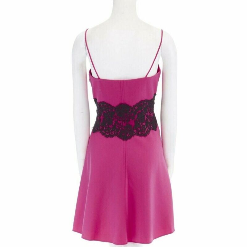 VALENTINO pink wool blend black lace trimmed waist flared skirt dress IT42 M