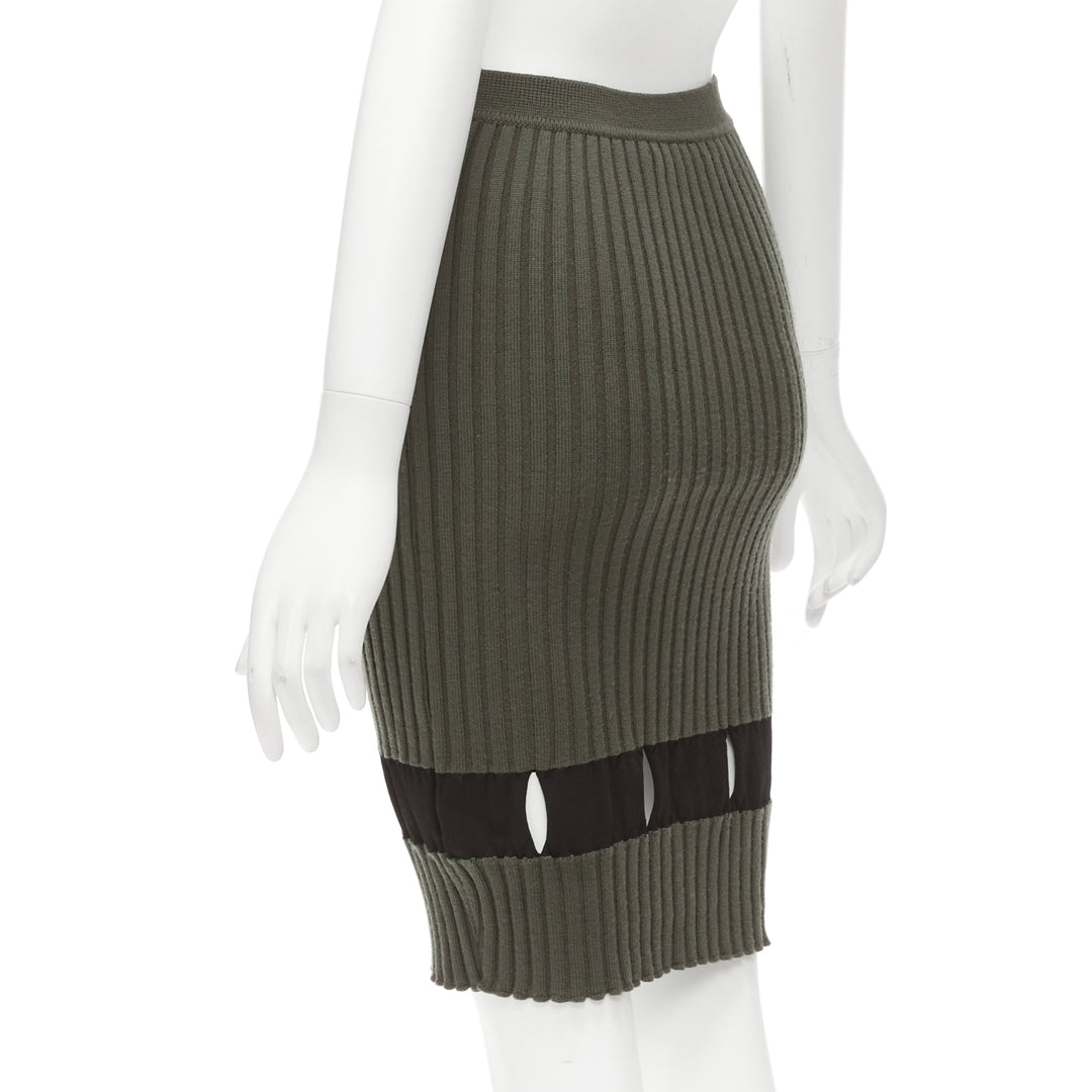 ALEXANDER WANG khaki black ribbed cut out pencil knee skirt XS